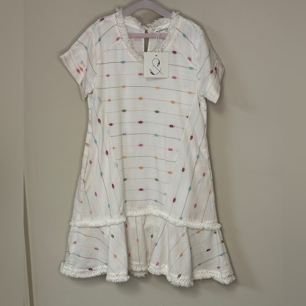 NWT Poppet & Fox: Girls White Dress with Colorful Aztec Design, Size 6